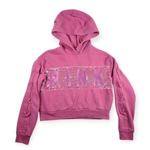 Victoria Secret Pink Cropped Hoodie Velvet Stripe Pullover Womens Medium Pink